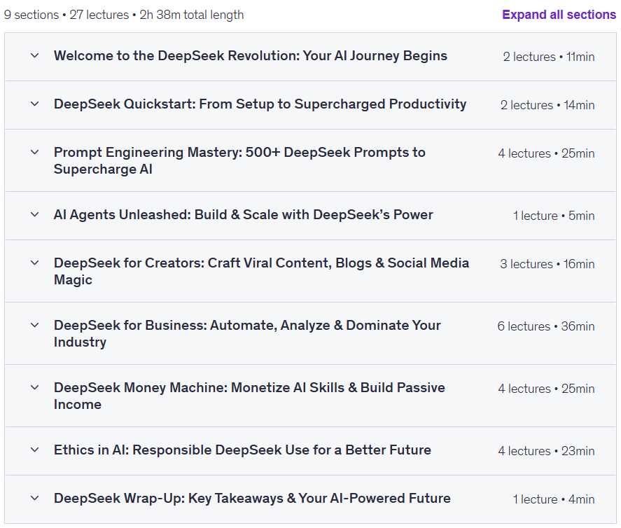 Sujets du cours · Le DeepSeek AI Masterclass : Construire, Automatiser, Monétiser comme un Pro 2025-1