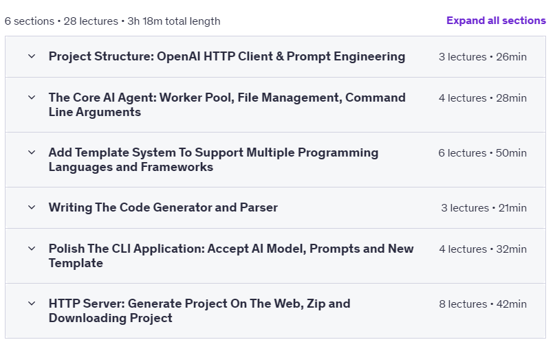 Course topics · Udemy — AI for All: Build A Complete Code Writing Agent With Golang 2025-1