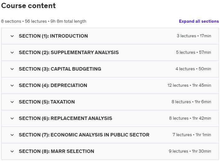 Course topics · Udemy — Engineering Economics Analysis (Part 2 of 2) 2022-7