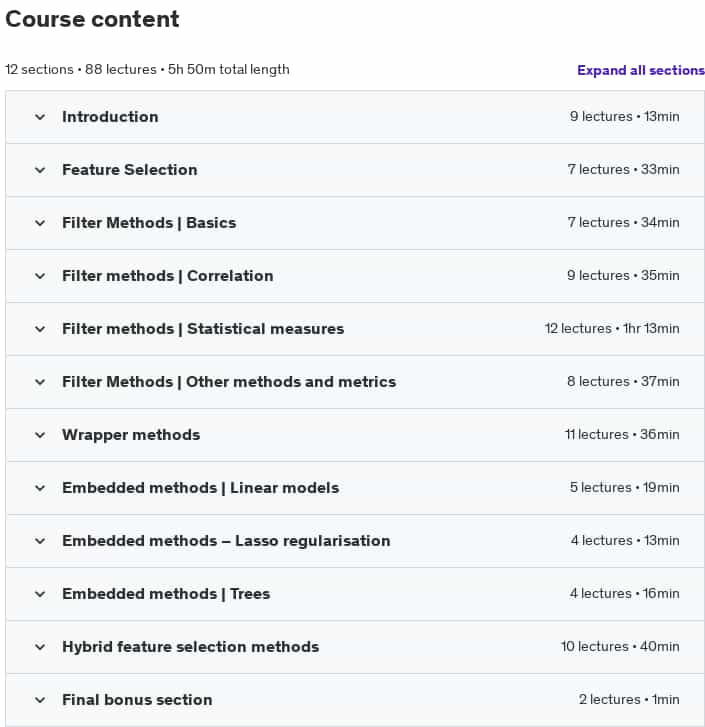 Course topics · Udemy — Feature Selection for Machine Learning 2024-9