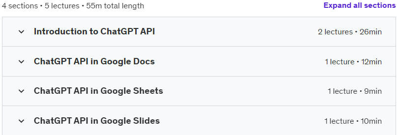 Course topics · ChatGPT API Python Masterclass with Google Apps Integration 2023-4
