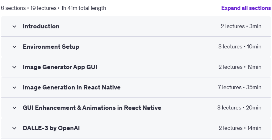 Course topics · Udemy — React Native & AI: Build Image Generator Apps with Expo 2024-10
