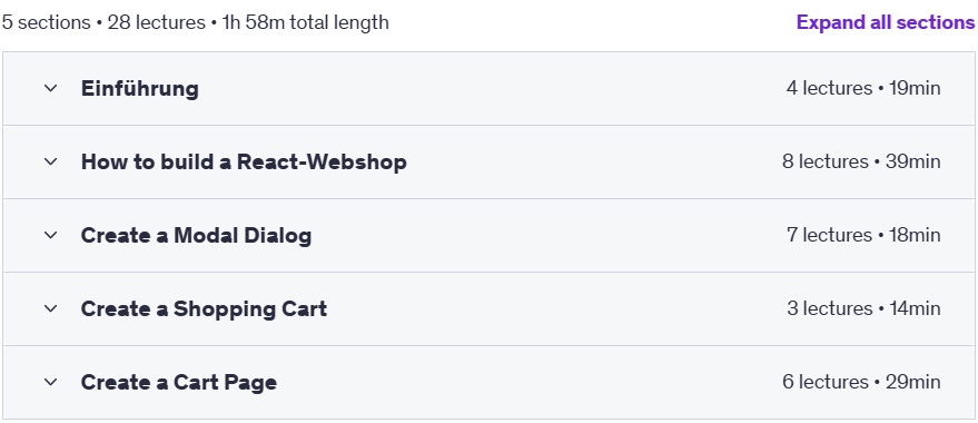 Course topics · Udemy — Build a React Webshop For Beginners 2025-2