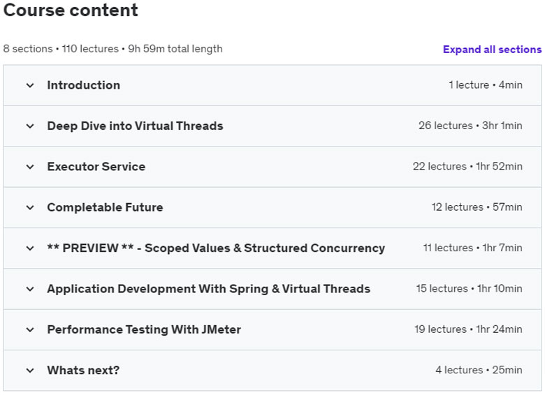 Course topics · Udemy — Java 21 – Virtual Threads MasterClass 2023-11