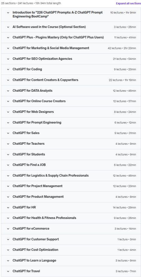 Course topics · Udemy — 226 ChatGPT Prompts: A-Z ChatGPT Prompt Engineering BootCamp 2023-11