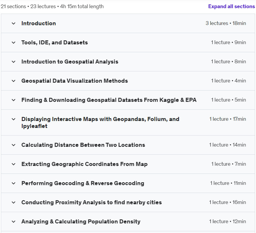 Course topics · Udemy — GIS & Geospatial Analysis with Python, Geopandas, and Folium 2024-6