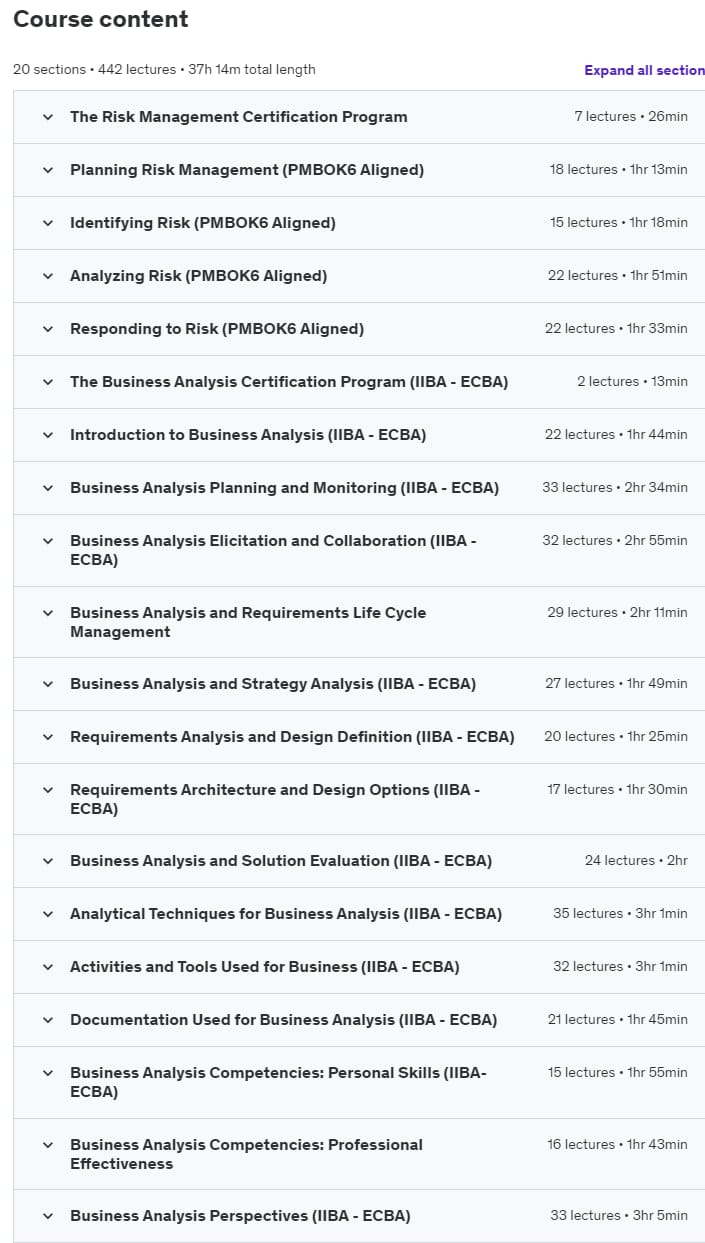 Course topics · Udemy — Risk Management for Business Analysts (PMI-RMP/IIBA-ECBA) 2020-7