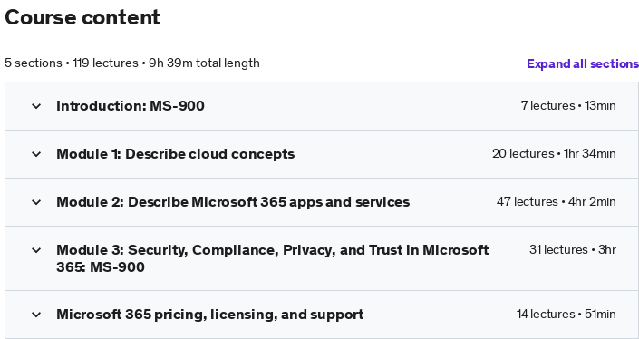 Course topics · Udemy — Microsoft 365 Fundamentals: MS-900 +Practice Questions 2021-11