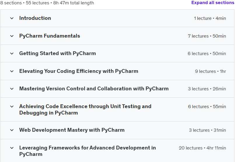 Course topics · Udemy — PyCharm Mastery: From Code Creation to Web Applications 2023-8