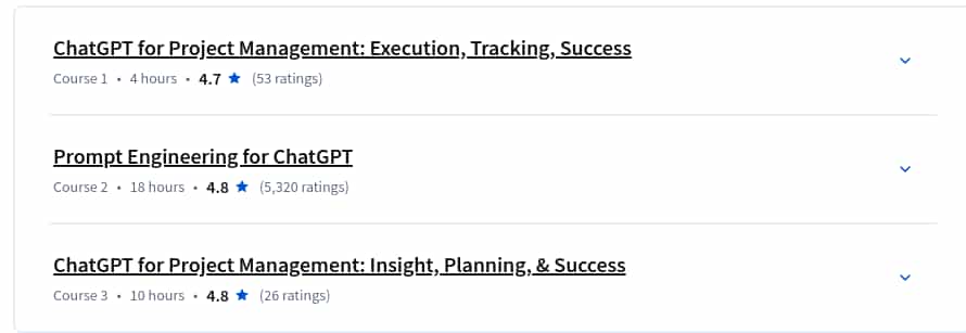 Course topics · Coursera — ChatGPT for Project Management – Leveraging AI for Success Specialization 2025-4