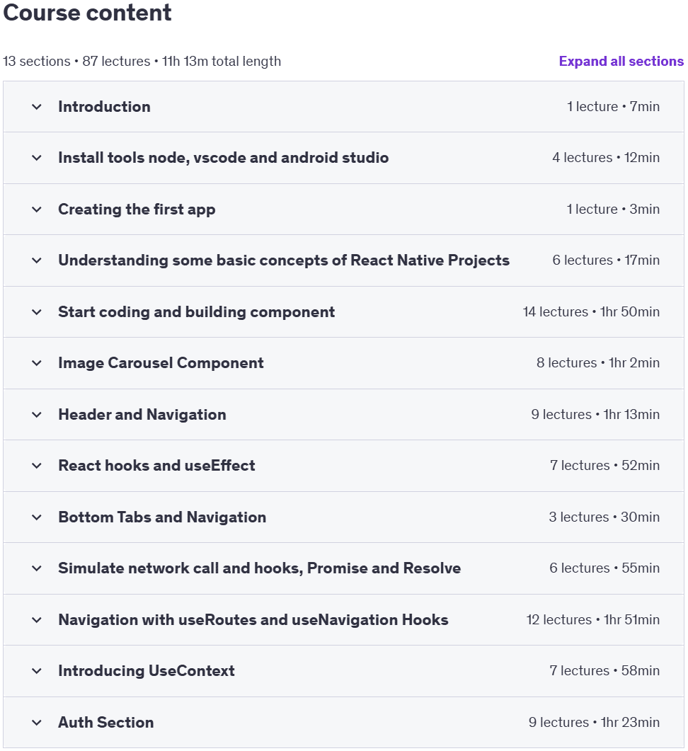 Course topics · React Native For Complete Beginners With Backend 2025-1