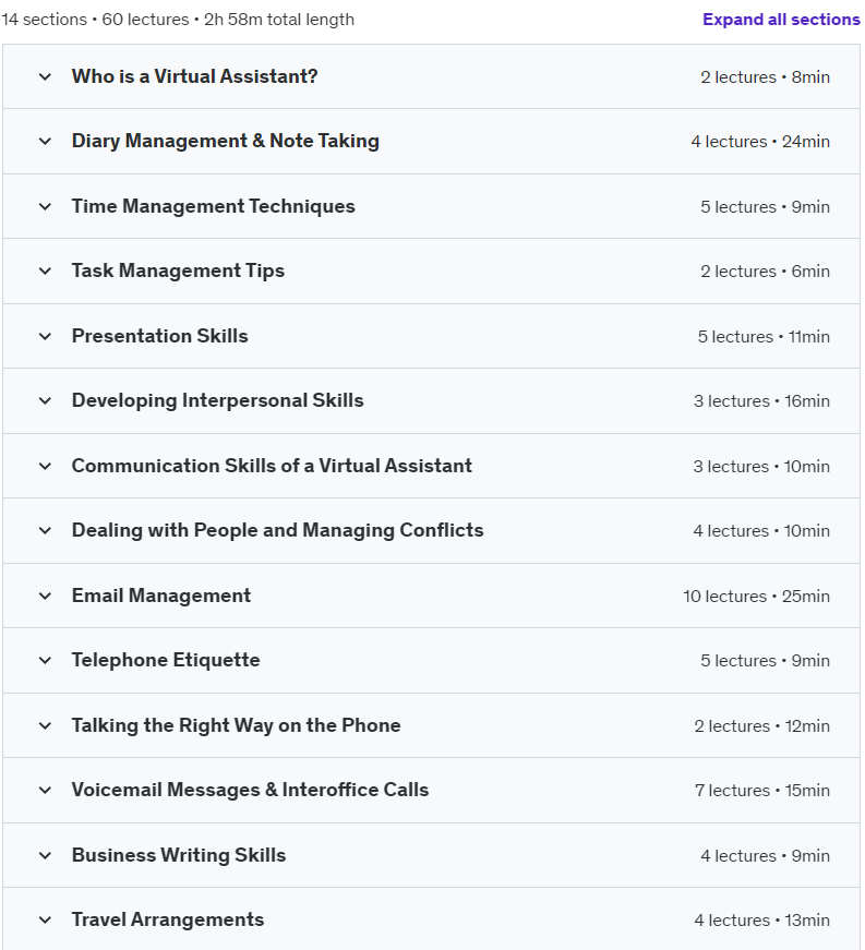 Course topics · Udemy — Remote Management Skills for Virtual Assistants 2024-6
