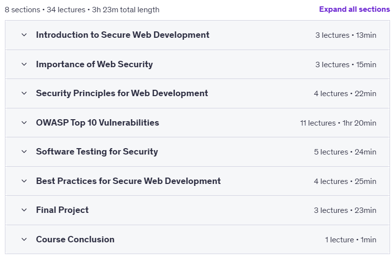 Course topics · Udemy — Secure Web Development – OWASP Top 10 and Beyond 2025-1