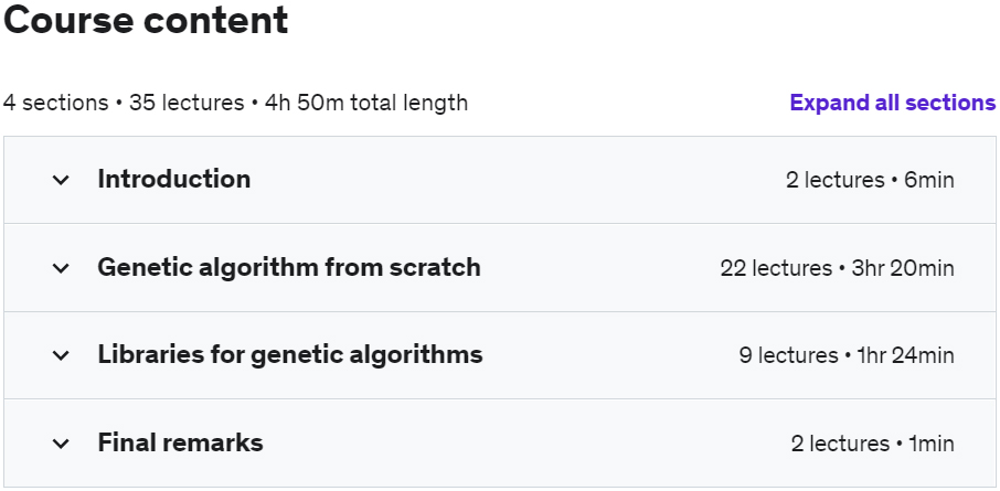 Course topics · Udemy — The Ultimate Beginners Guide to Genetic Algorithms In Python 2022-2