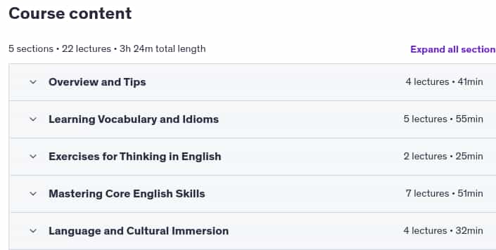 Course topics · Udemy — Building Your English Brain 2: Think in English with AI 2025-4