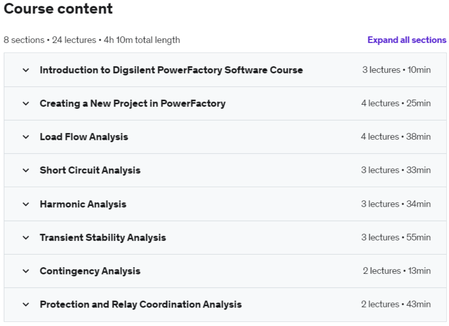 Course topics · Udemy — Digsilent PowerFactory for Power System Analysis 2021-4