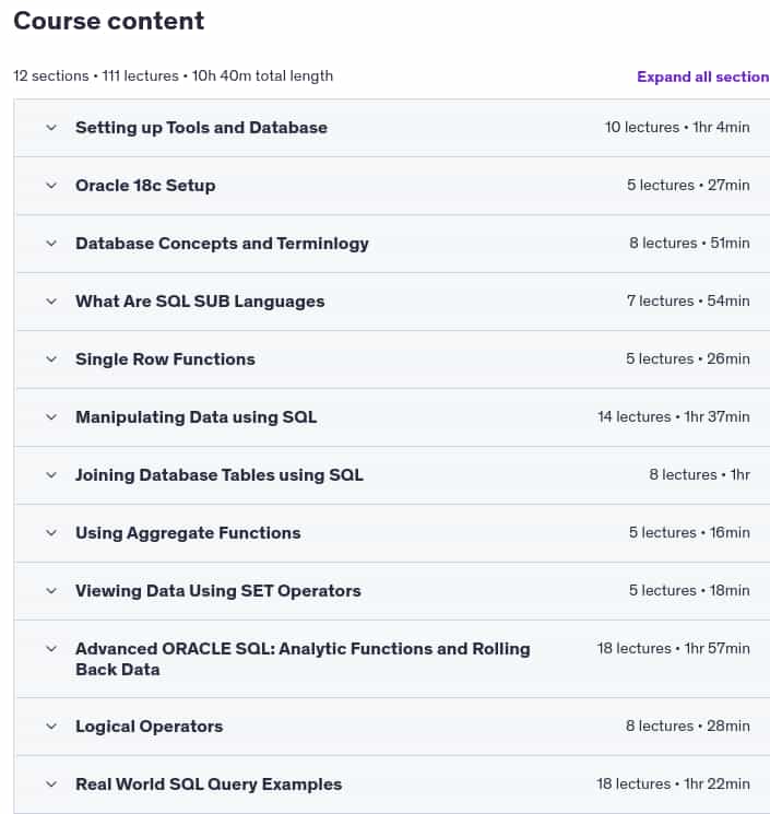 Course topics · SQL From Scratch Using Oracle SQL Developer and TOAD 2021-8