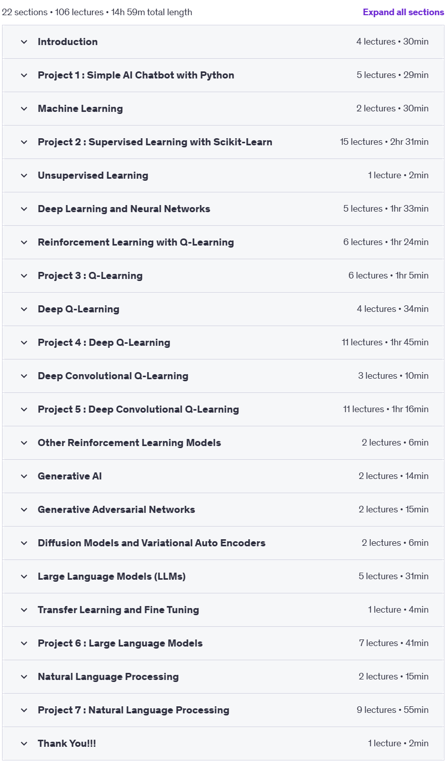Course topics · Complete AI: Understand AI, ML, DL, GenAI, LLM, NLP (2025) 2025-1