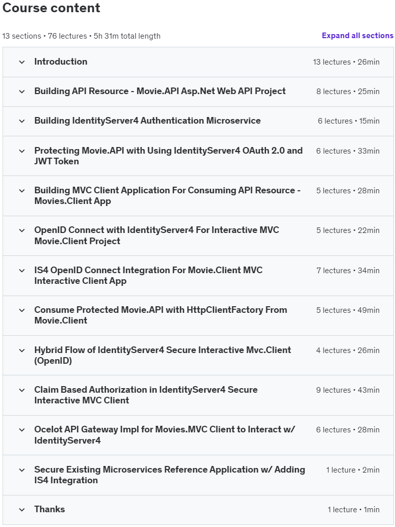 Course topics · Udemy — Secure .Net Microservices with IdentityServer4 OAuth2,OpenID 2024-4