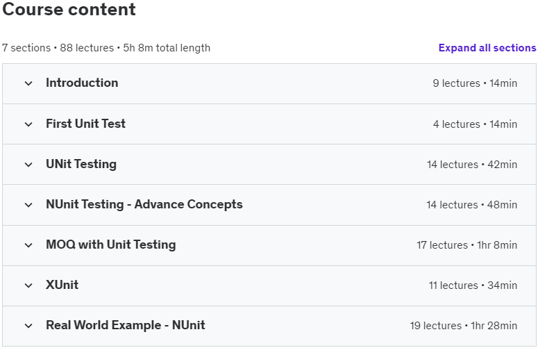 Course topics · Udemy — Complete Guide to Unit Testing in .NET Core (NUnit & XUnit) 2024-4