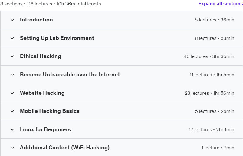 Course topics · Ethical Hacking + Website Hacking + Mobile Hacking: CyberPro 2023-8