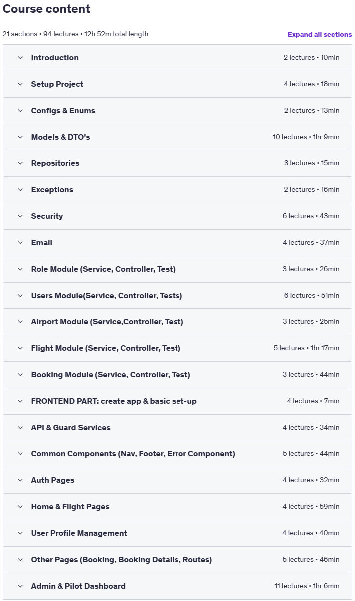 Temas del curso · Full Stack Airline Booking App: Java, Primavera Boot & React 2025-7