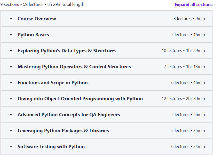 Course topics · Python: The Complete Guide for Software Testers 2023-8