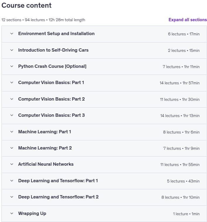 Course topics · Udemy — Autonomous Cars: Deep Learning and Computer Vision in Python 2025-9