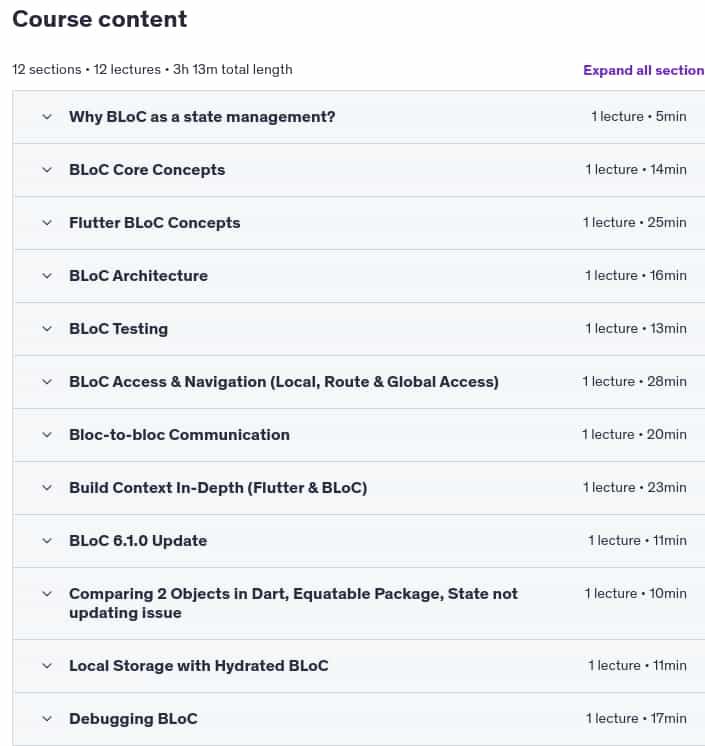Course topics · Flutter BLoC – From Zero to Hero Complete Course 2021-2