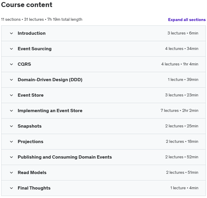Course topics · Udemy — Build an Event Store in C# .NET for CQRS and Event Sourcing 2024-10