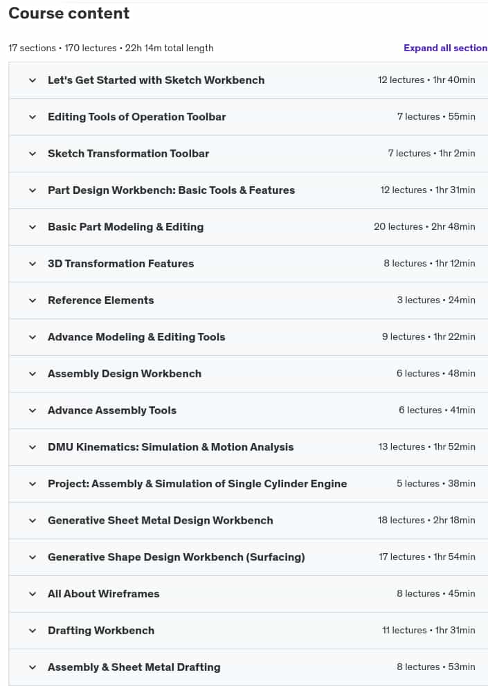 Course topics · Udemy — CATIA Academy: A Comprehensive Course on CATIA V5 2024-12