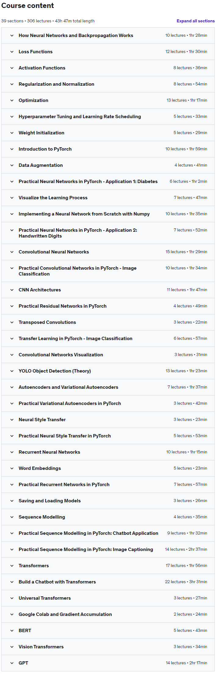 Course topics · Udemy — The Complete Neural Networks Bootcamp: Theory, Applications 2021-11