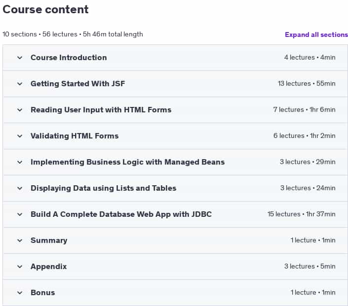 Course topics · JSF 2.2 – Java Server Faces for Beginners – Build a DB App 204-5