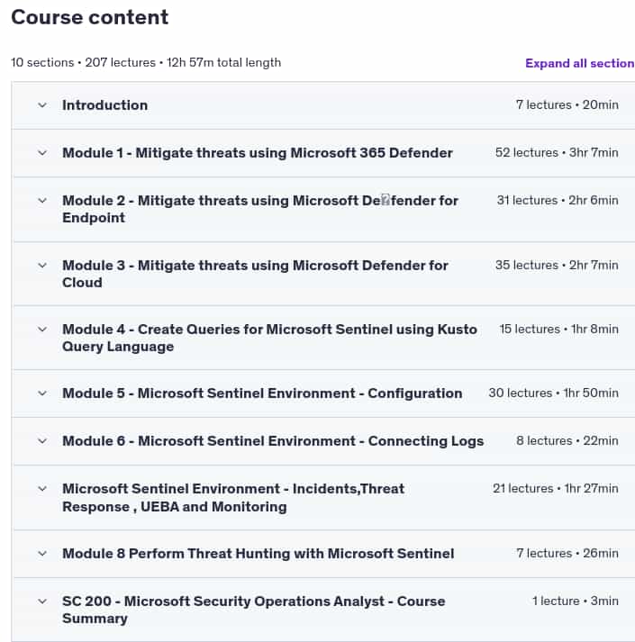 Course topics · SC-200: Microsoft Security Operations Analyst 2025-4