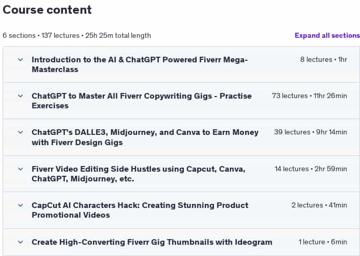 Course topics · Udemy — Fiverr & ChatGPT & AI Powered Freelancing Mega-Masterclass 2025-3