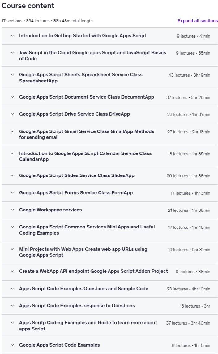Temas del curso · Google Apps Script Complete Curso Nuevo IDE 100+ Exemplos 2025-6