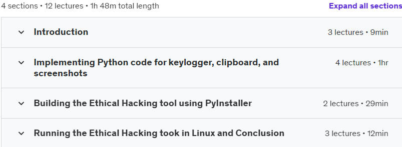 Course topics · Udemy — Ethical Hacking: Design an Info Stealer using Python 3 2024-5