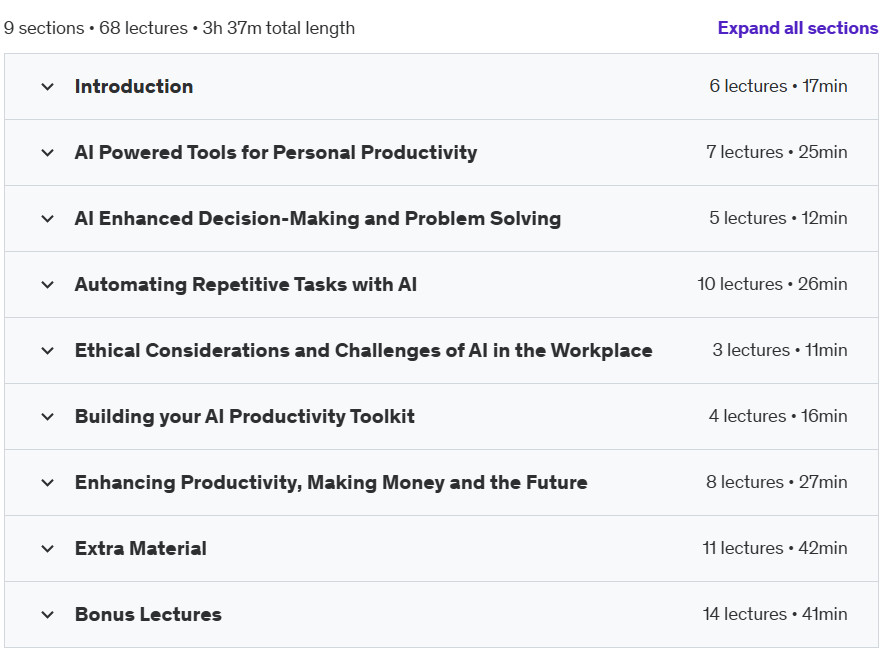 Course topics · Udemy — AI for Work: Introduction to AI and Enhancing Productivity 2024-10