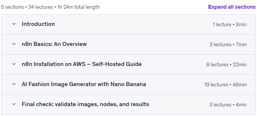 Course topics · Udemy — AI Fashion Image Generator with Nano Banana + n8n workflow 2025-9