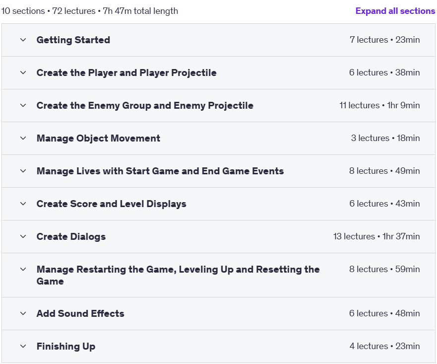 Course topics · Creating a 2D PC Space Invaders Arcade Game Using Unity, C# 2023-10