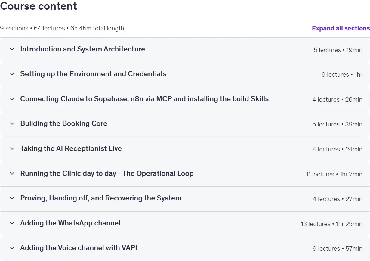 Course topics · Udemy — Claude + n8n MCP — Build a Production-Ready AI Receptionist 2026-9