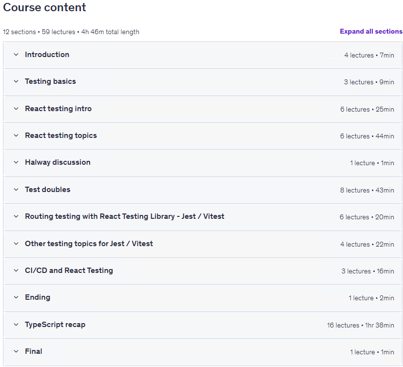 Course topics · React Testing with Jest / Vitest – TypeScript 2026-5