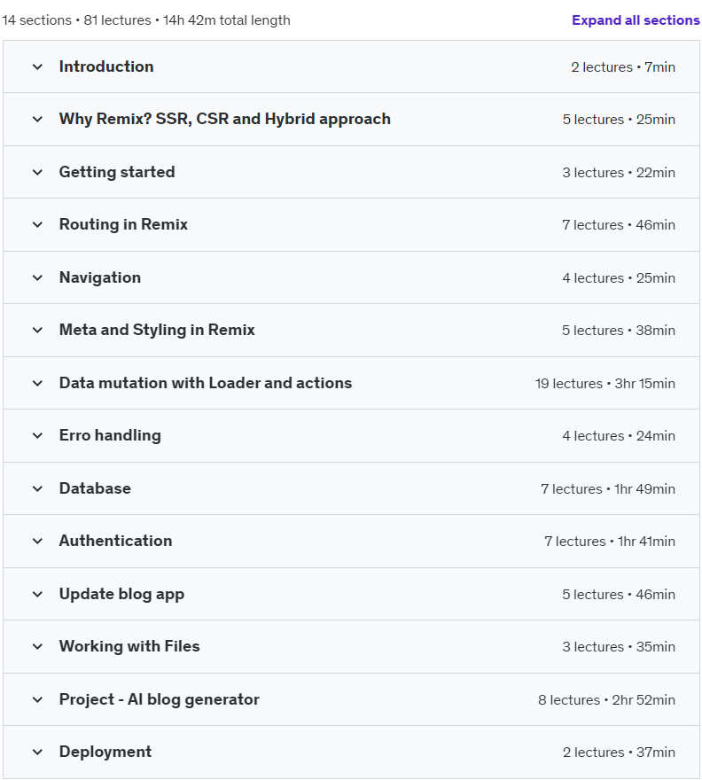 Course topics · Udemy — Remix v2 complete masterclass – Build Full-stack AI apps 2024-7