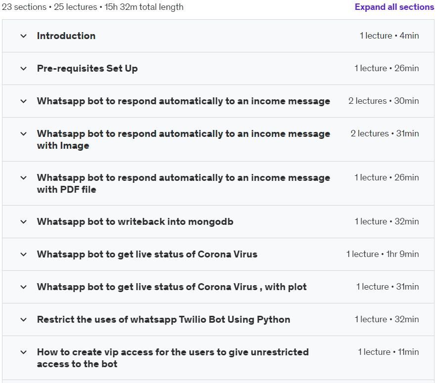 Course topics · Whatsapp Automation: Whatsapp Bots Using Python & Twilio 2021-5