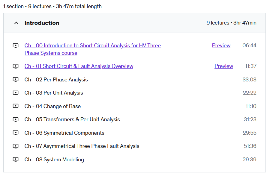 Course topics · Udemy — Short Circuit Analysis for HV Three Phase Systems 2020-6