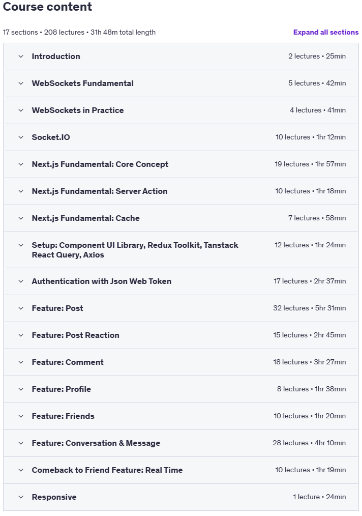 Course topics · Next.js Pro: Social Media App with WebSockets & React Query 2025-5