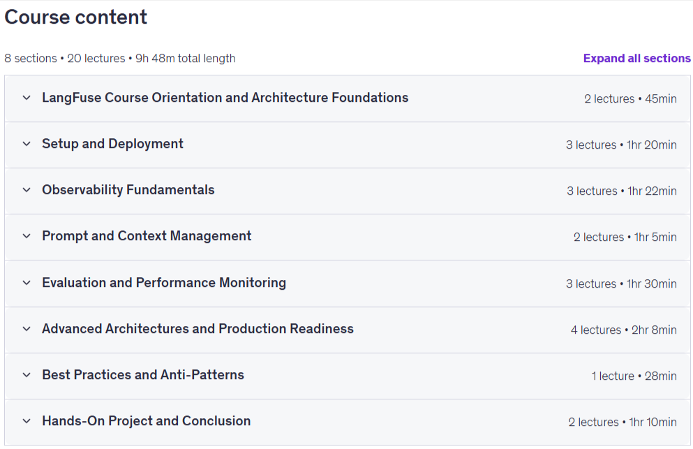 Course topics · Udemy — LangFuse: LLM Observability, Tracing, Evaluation, Monitoring 2026-6