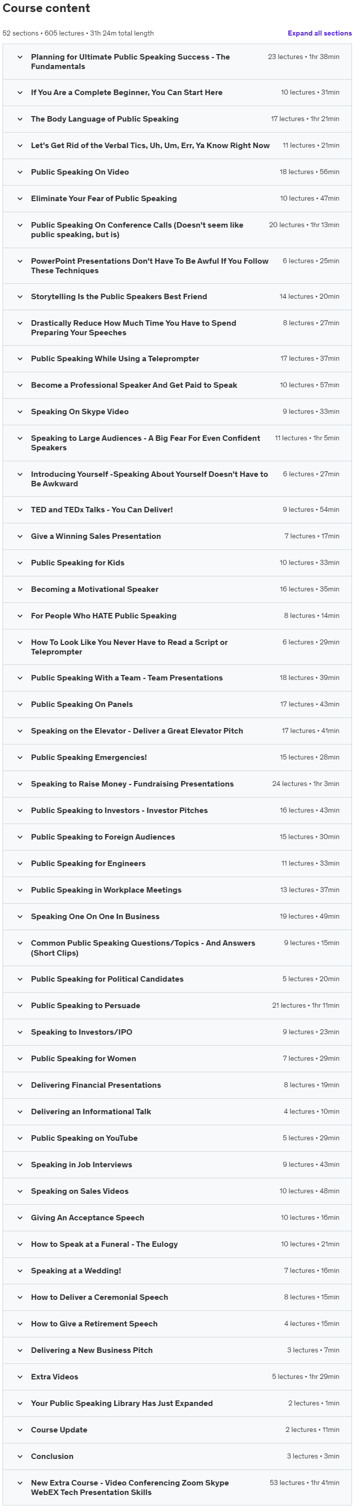 Course topics · Udemy — 2024 Complete Public Speaking Masterclass For Every Occasion 2023-5