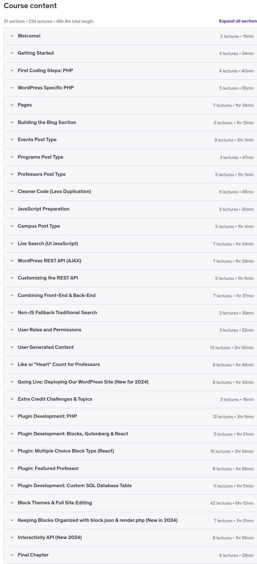 Course topics · Become a WordPress Developer: Unlocking Power With Code 2025-4