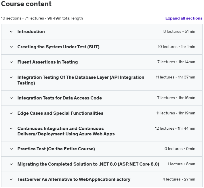 Course topics · Udemy — ASP.NET Core Integration Testing with CI/CD Pipeline 2024-1